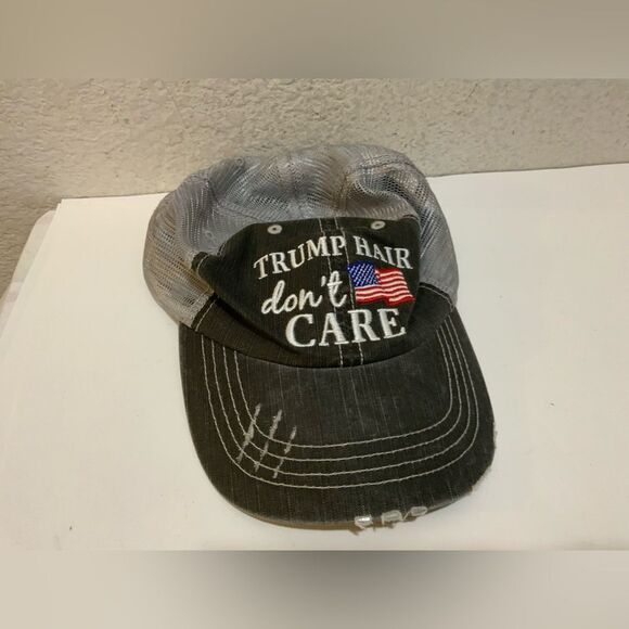 Trump Hair Don't Care Embroidered Distressed Patriotic curved bill Trucker Hat - Picture 1 of 5